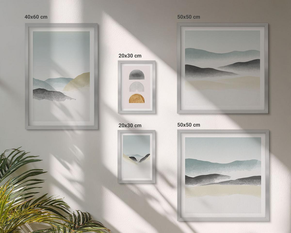 BILDER SET 5er Set - 50x50 cm & 20x30 cm & 40x60 cm Silberner Rahmen - Wellen – Japanische Kunstgrafik - Silberfarben, Kunststoff (40/60cm) - TULUP