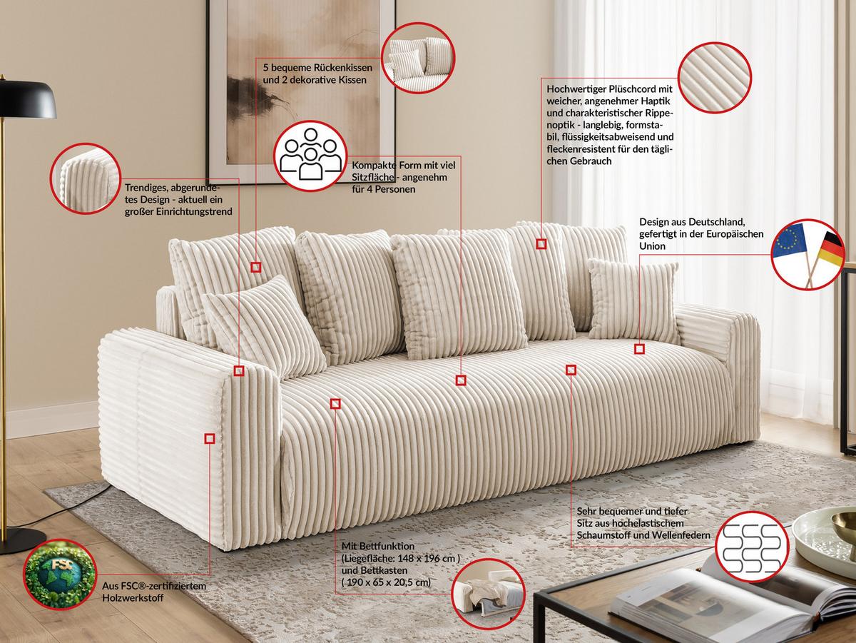 SCHLAFSOFA Calma mit Bettkasten im Bumpy-Design aus weichem Creme Plüschcord - Creme/Schwarz, Holz/Kunststoff (239/88/98cm) - S-Style