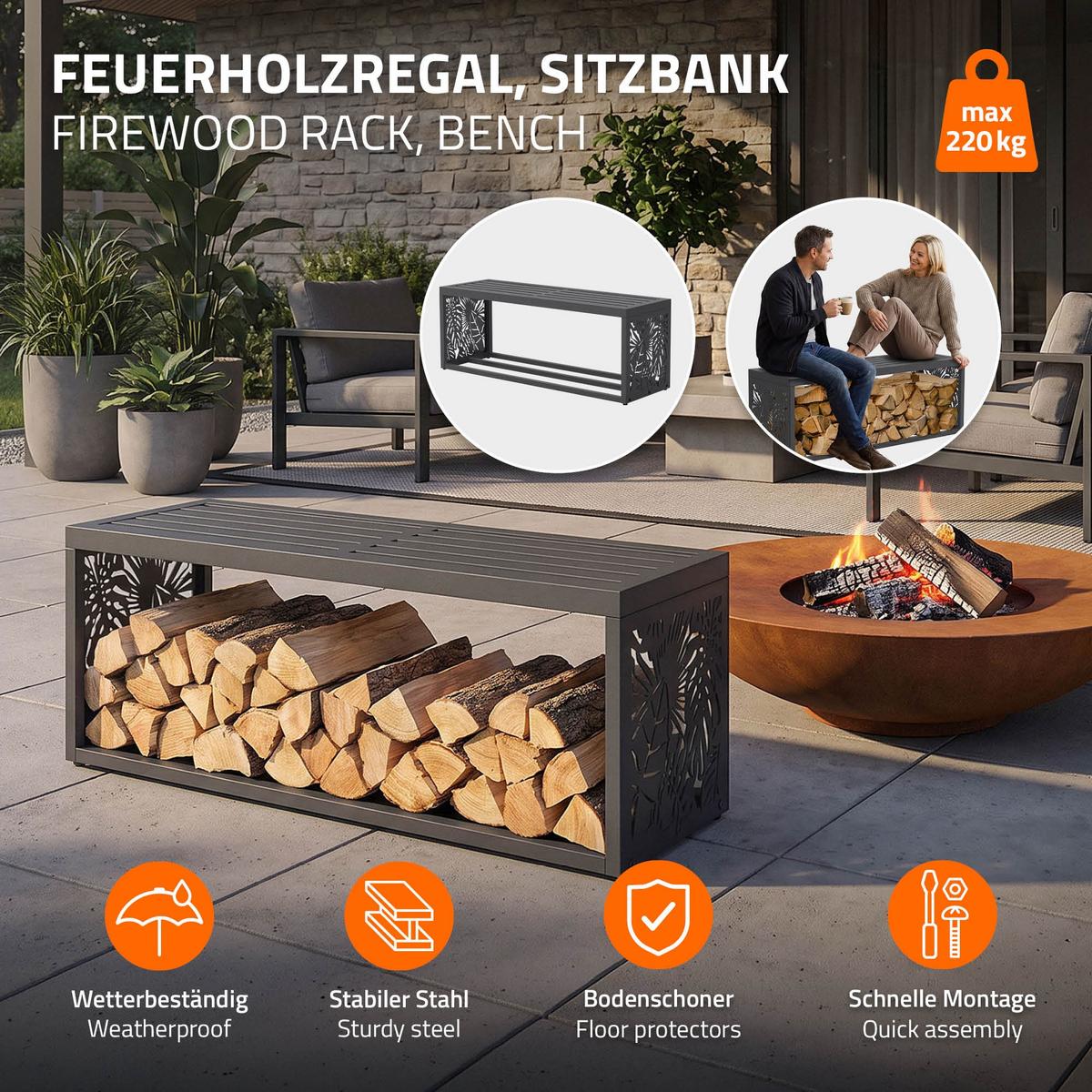 KAMINHOLZREGAL Innen/Aussen mit Sitzbank Metall Brennholzregal Anthrazit 120x38x43 cm Stahl Verzinkt Blätter-Motiv - Anthrazit, Metall (120/43/38cm) - ML-DESIGN