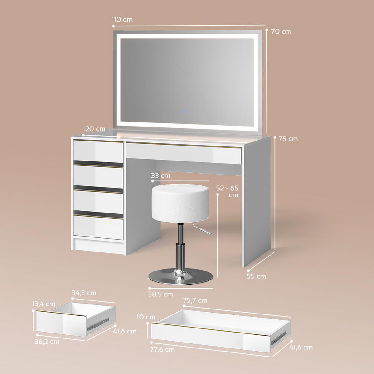SCHMINKTISCH Imola Weiß/Gold mit LED-Spiegel und Hocker - Goldfarben/Weiß, Holzwerkstoff (120/75/55cm) - Livinity®
