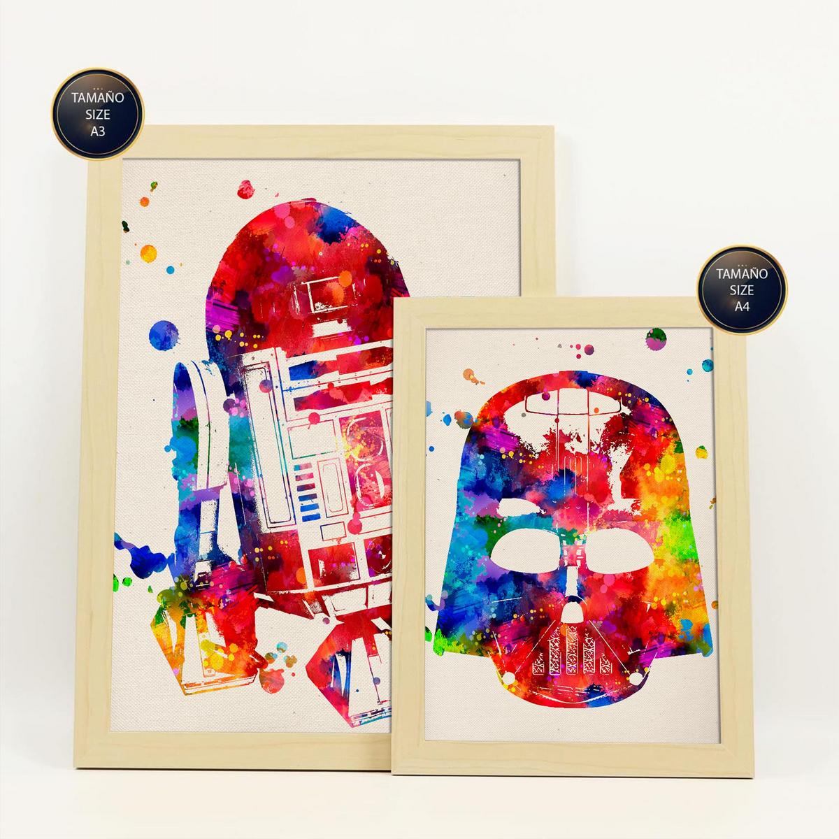POSTER Set Mit 6 Star Wars Aquarell Illustrationen Klassischer Science Fiction Geschichten Und Filme Innenarchitektur A3 & A4 Rahmen Aus Hellem Holz - Beige, Papier (29/3cm) - Nacnic