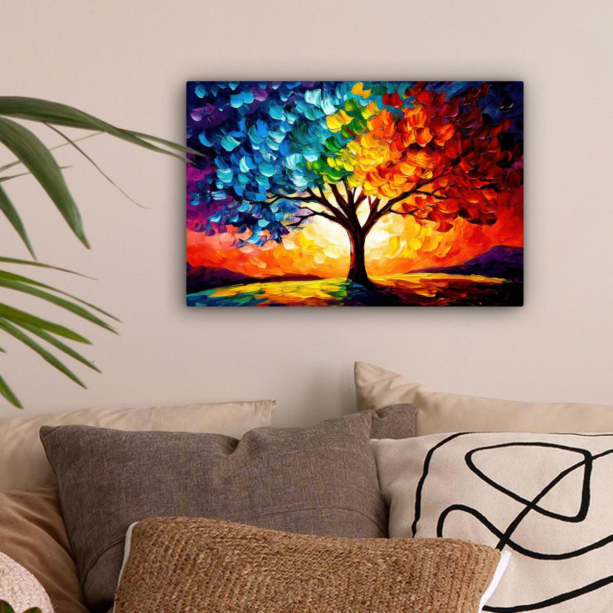 LEINWANDBILD Baum - Kunst - Natur - Sonnenuntergang Deko Schlafzimmer 30x20 cm - Multicolor, Textil (30/20cm) - MuchoWow
