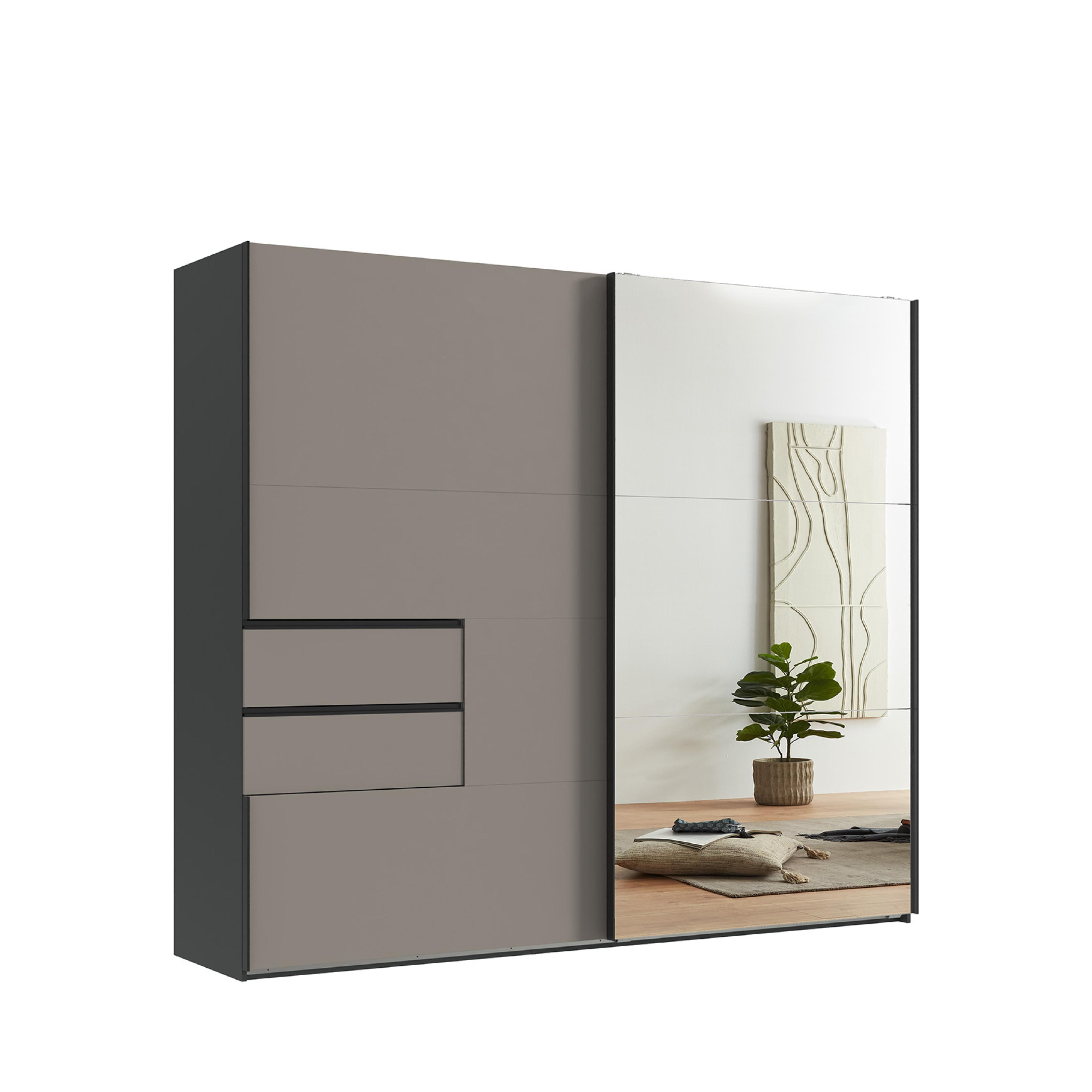 SCHWEBETÜRENSCHRANK 2-türig B250/H216/T65 cm, Korpus Grafit, Türen & Schubladen Sandgrau / Spiegel, Kleiderschrank inkl. Vollausstattung / 22053 - Sandfarben/Bordeaux, Holzwerkstoff/Metall (250/216/65cm) - luma-home