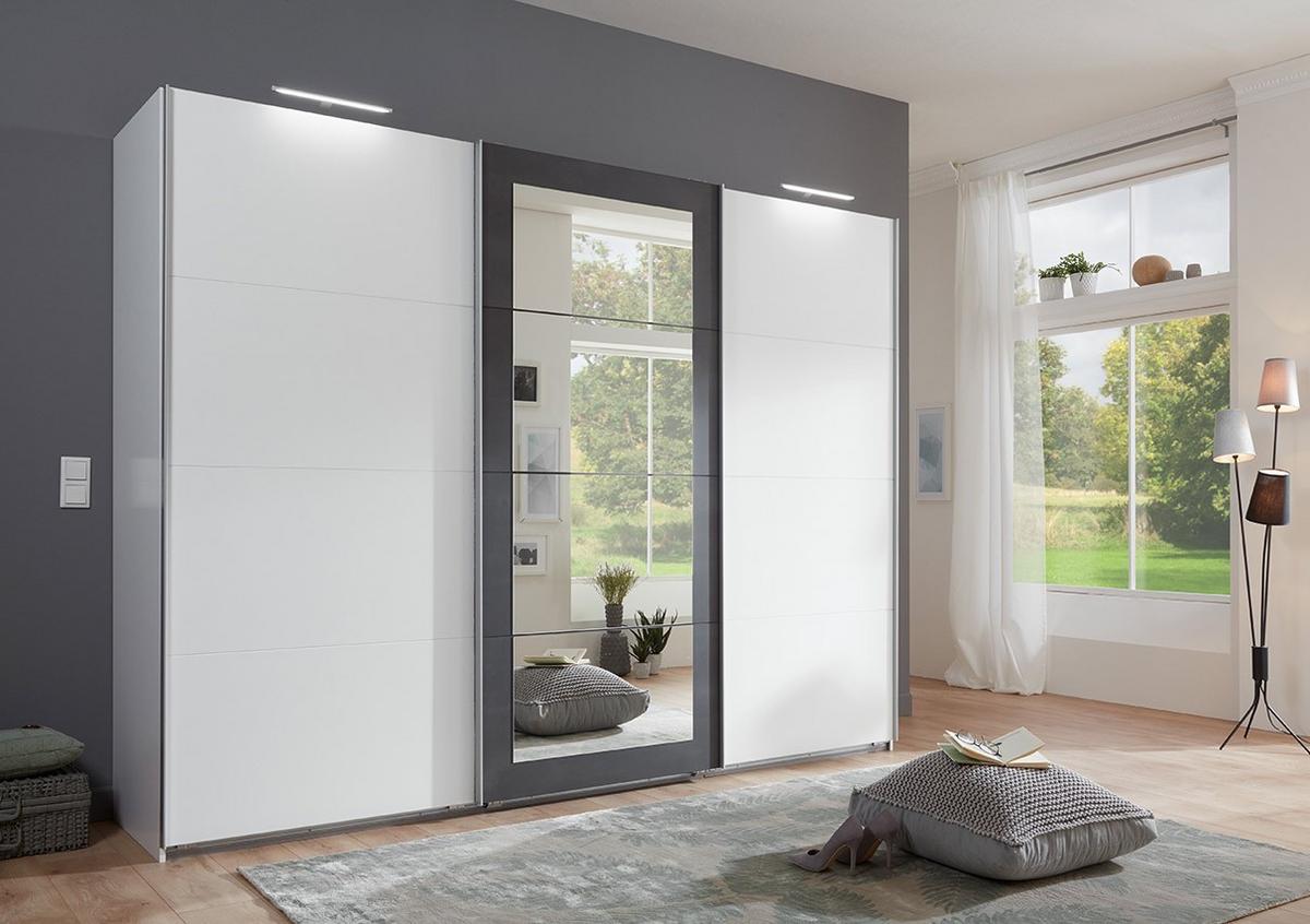 SCHWEBETÜRENSCHRANK 3-türig B270/H208/T65 cm, Kleiderschrank in Weiß mit Absetzungen in grauer Stahl-Optik / 22001 - Alufarben/Schwarz, Holzwerkstoff/Metall (270/208/65cm) - luma-home