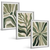 BILDER SET 3er Set - 40x60 cm Silberner Rahmen - Grüne und beige Pflanzenmuster - Silberfarben, Kunststoff (40/60cm) - TULUP