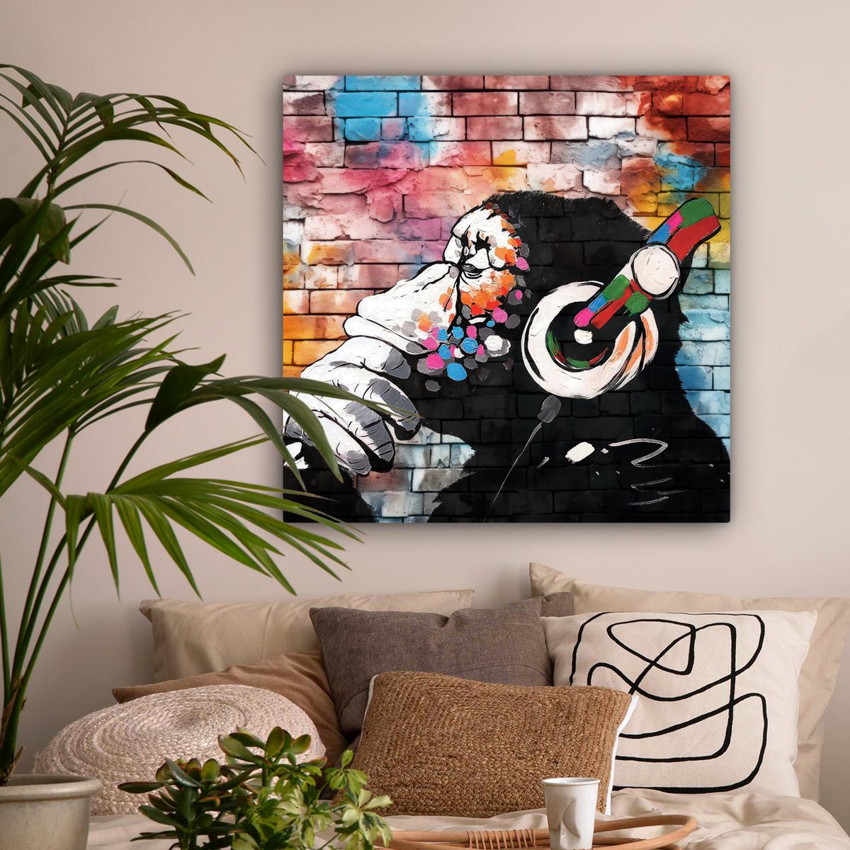 LEINWANDBILD Affe - Graffiti - Musik Deko Groß 90x90 cm - Multicolor, Textil (90/90cm) - MuchoWow