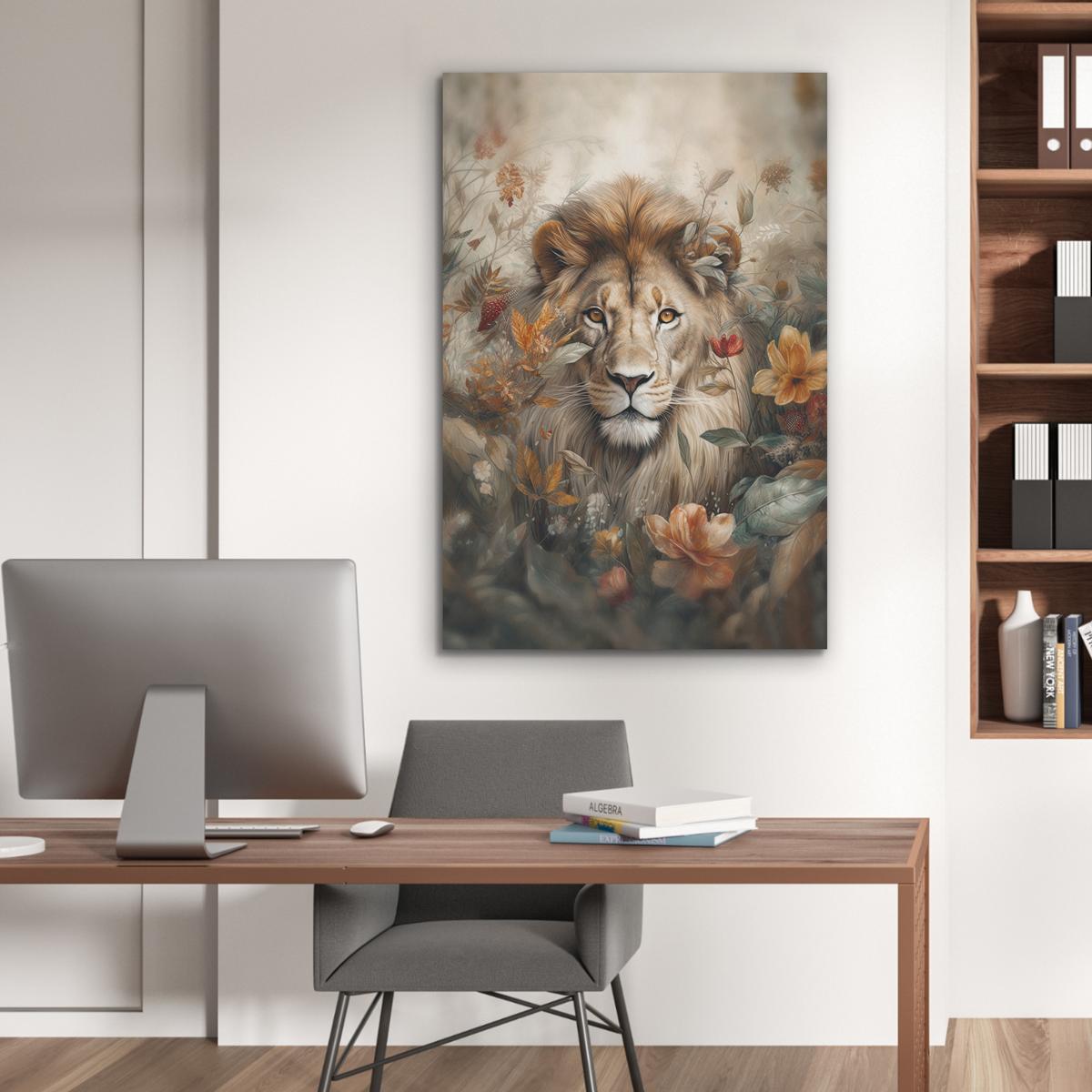 AKUSTIKBILD Löwe - Wildtiere - Pflanzen - Natur - Blumen Wanddeko 70x100 cm - Beige, Kunststoff (70/100/0.9cm) - MuchoWow