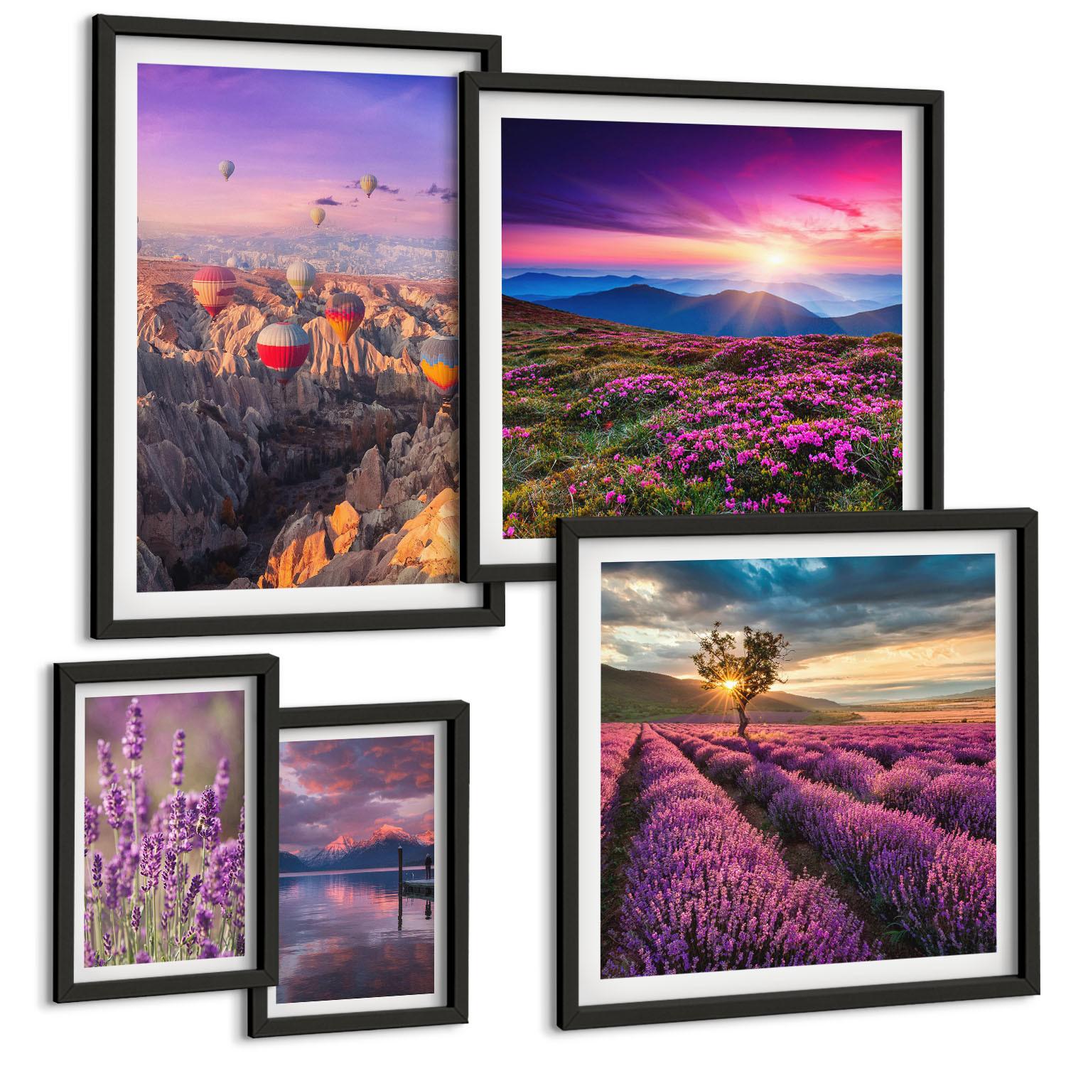 BILDER SET 5er Set - 50x50 cm & 20x30 cm & 40x60 cm Schwarzer Rahmen - Sonnenuntergang auf Lavendelfeldern - Schwarz, Kunststoff (40/60cm) - TULUP