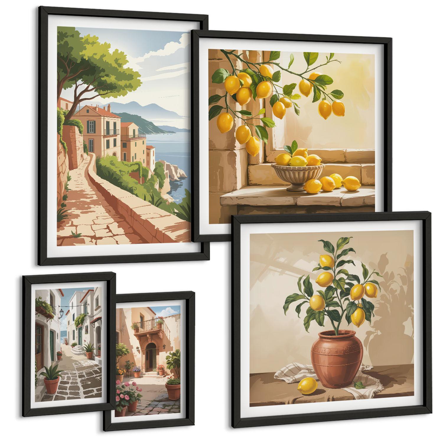BILDER SET 5er Set - 50x50 cm & 20x30 cm & 40x60 cm Schwarzer Rahmen - Hütten am Bergsee Łódź - Schwarz, Kunststoff (40/60cm) - TULUP