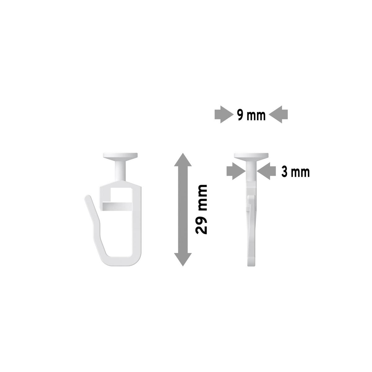 FALTENGLEITER RUNDKOPF 9 MM Ø MIT FALTENHAKEN für Innenläufe / Gardinenschienen bis Nutbreite 5,6 mm, Packung 100 Stück - Weiß, Kunststoff (1.1/2.9/1cm) - INTERDECO