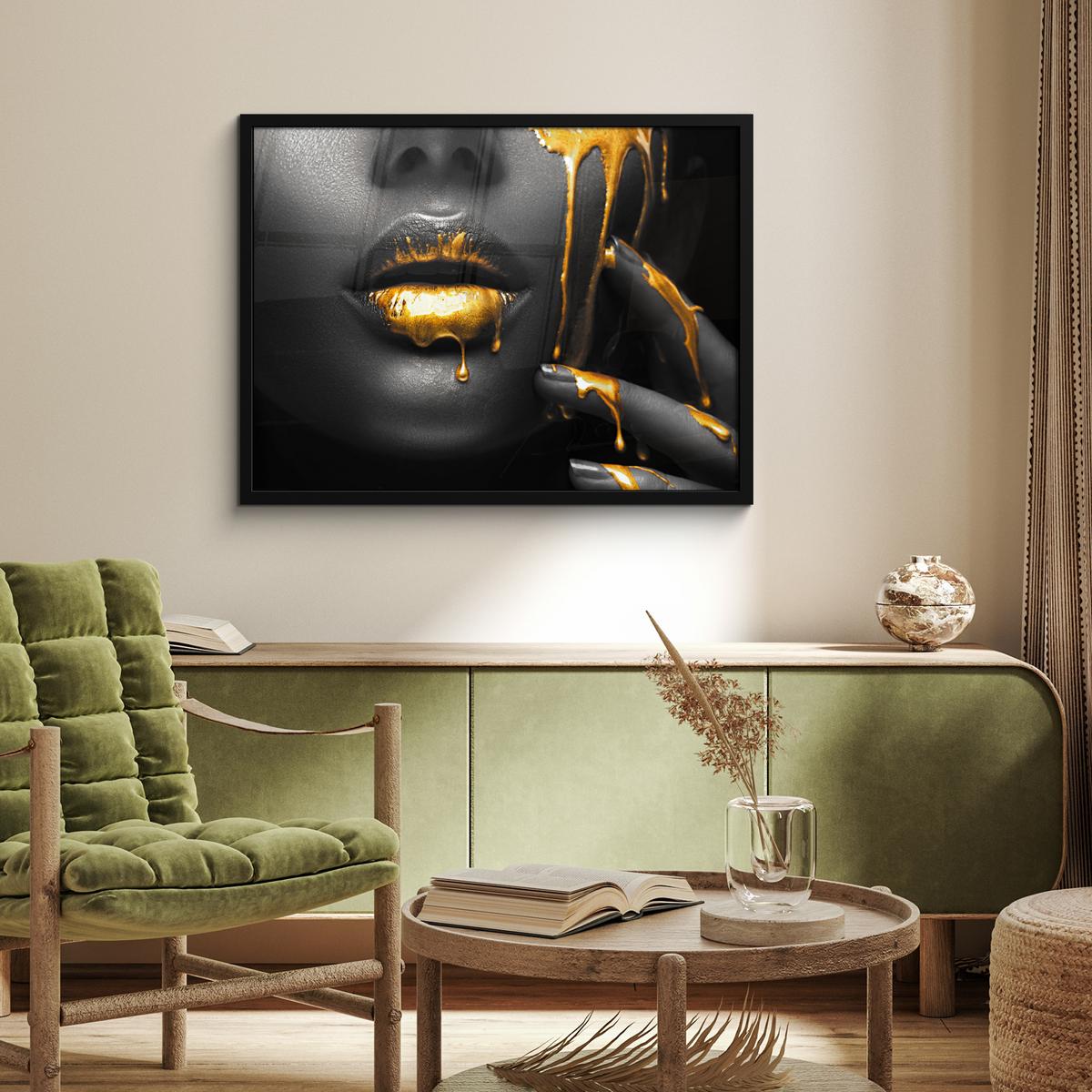 POSTER MIT RAHMENGERAHMTES BILD Frau - Schwarz - Gold - Gesicht - Lippen 80x60 cm - Goldfarben, Papier (80/60cm) - MuchoWow