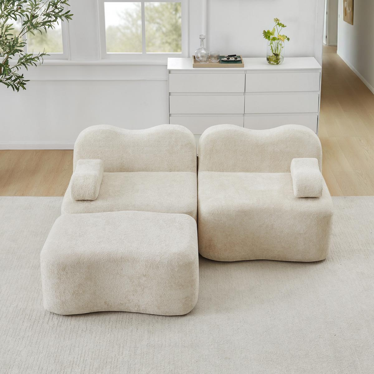 ECKSOFA L-Form Boneless Samt mit Ottoman - Beige, Textil (192/167cm) - Urban Meuble