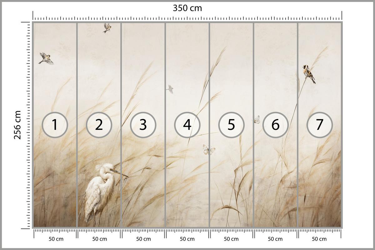 FOTOTAPETE für Schlafzimmer Vögel Storch Hohe Gräser Aquarell 350x256 - Beige/Gelb, Papier (350/256cm) - Muralo