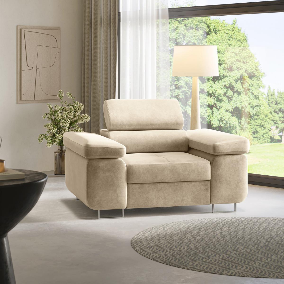 SESSEL CALVO Polstersessel Loungesessel ergonomisch, Creme - Creme, Holz/Metall (133/87/98cm) - MASSENO