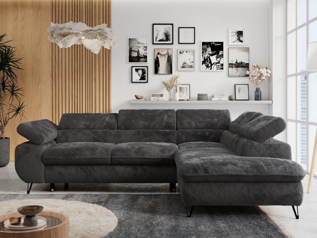 ECKSOFA PETER L Anthrazit Plüsch - Rechts Seite - Anthrazit/Schwarz, Textil/Metall (273/208cm) - MKS