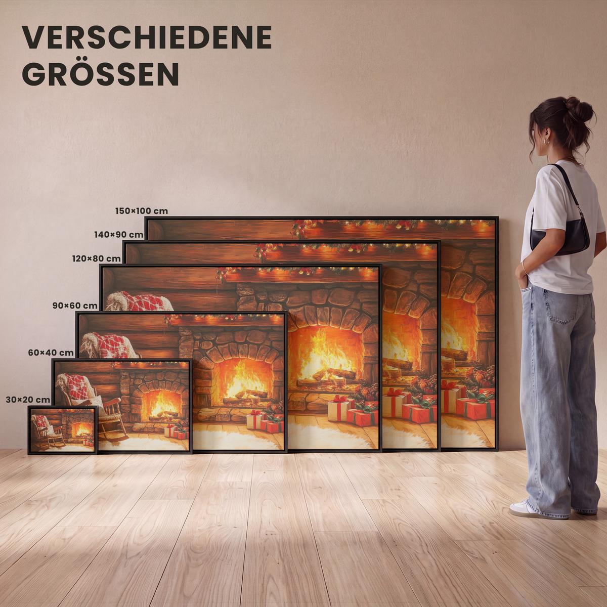LEINWAND Bilder mit Rahmen - Winter - Weihnachten - Zuhause - Kamin - 140x90 - Bernsteinfarben, Textil (140/90cm) - MuchoWow