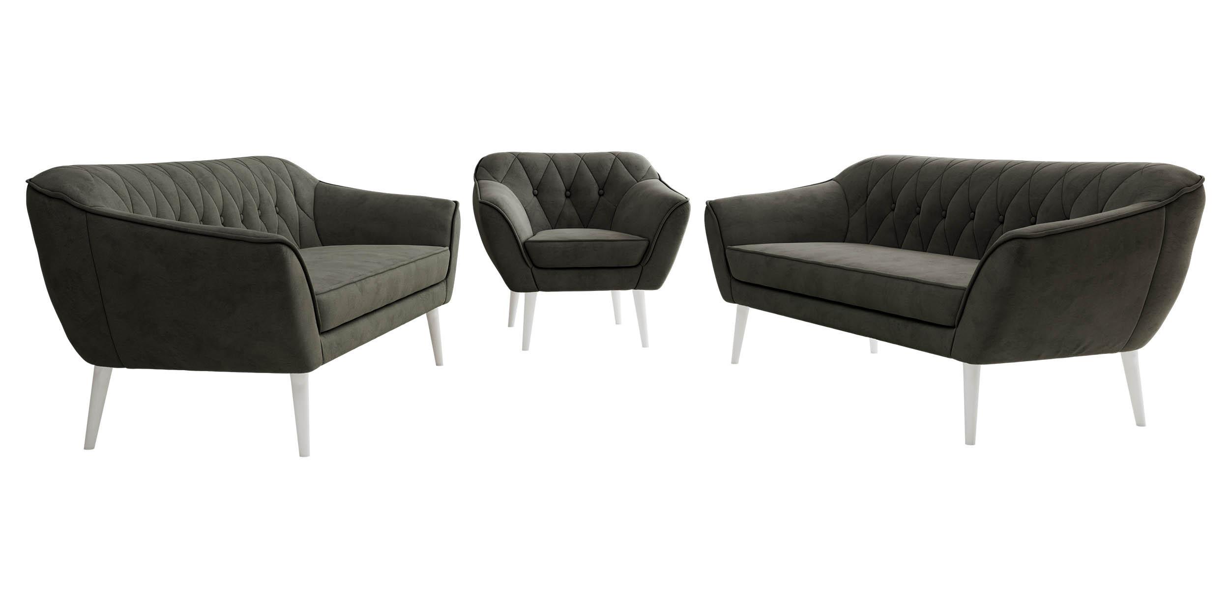 SITZGARNITUR PIRS 3+3+1 - Dunkelgrau Velvet - Weiße Beine - Dunkelgrau/Weiß, Holzwerkstoff/Textil (180/75/74cm) - MKS