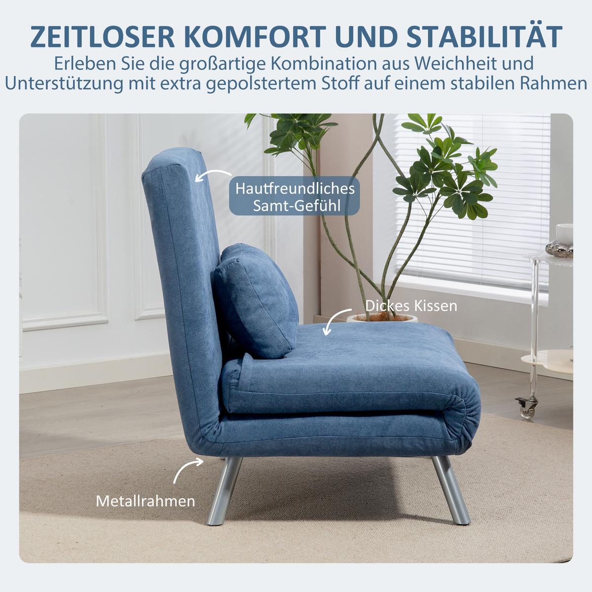 SCHLAFSESSEL 3-in-1 klappbar Schlafsofa mit Bettfunktion Relaxsessel Blau - Blau, Kunststoff (75/83/80cm) - HOMCOM