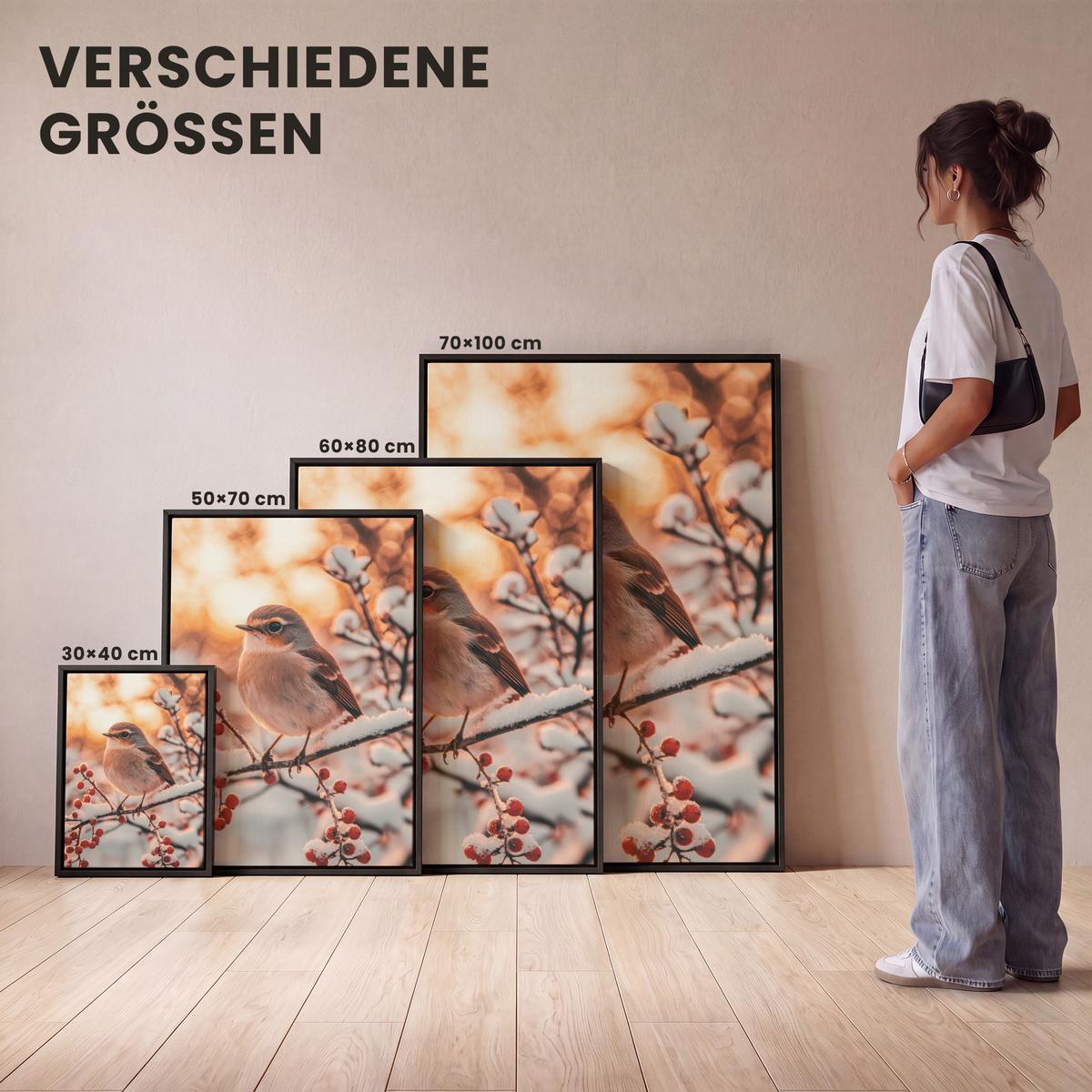 LEINWAND Bilder mit Rahmen - Vogel - Zweig - Winter - Tiere - Schnee - 50x70 - Bernsteinfarben, Textil (50/70cm) - MuchoWow