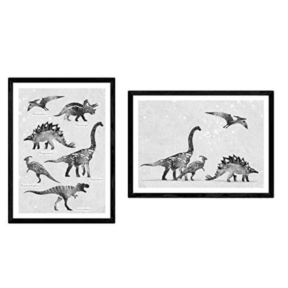 POSTER Set Mit 2 Dinosaurios Grises A4 Schwarzer Rahmen - Schwarz, Papier (29.7/5/21cm) - Nacnic