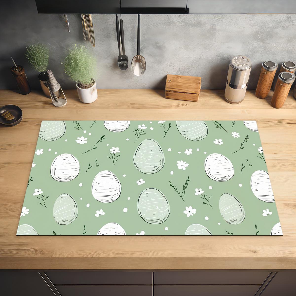 HERDABDECKPLATTE Grün - Eier - Muster Induktionsmatte 83x51 cm - Waldgrün, Kunststoff (83/51.5/0.2cm) - MuchoWow