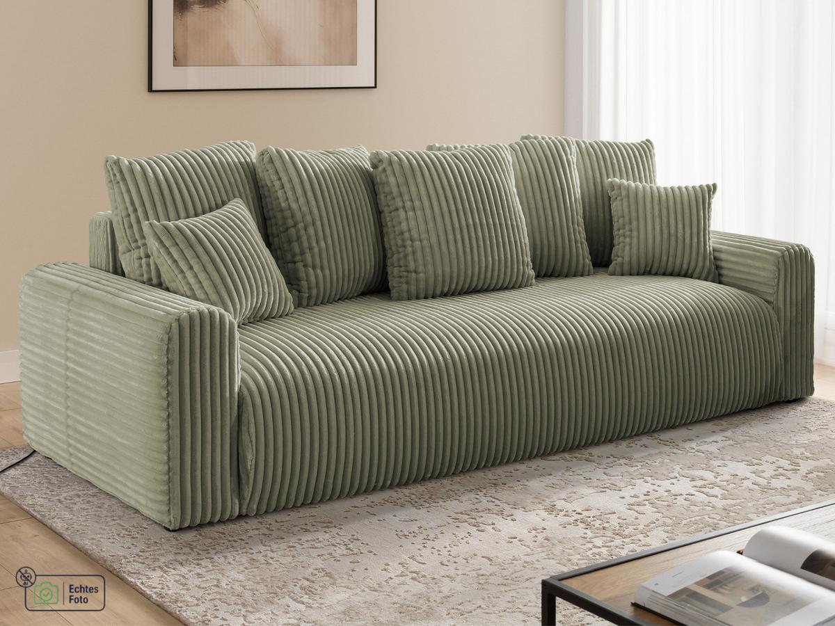 SCHLAFSOFA Calma mit Bettkasten im Bumpy-Design aus weichem Olive Plüschcord - Schwarz/Olivgrün, Holz/Kunststoff (239/88/98cm) - S-Style