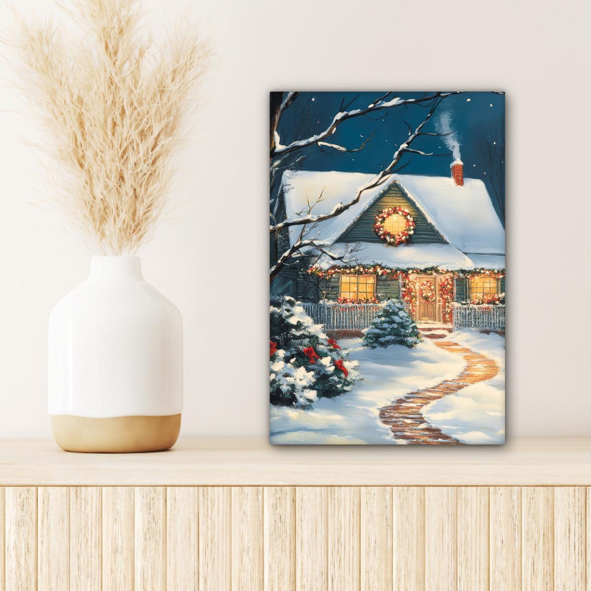 LEINWANDBILD Weihnachten - Weihnachtsbaum - Winter - Zuhause - Schnee Deko Wohnzimmer 20x30 cm - Smaragdgrün, Textil (20/30cm) - MuchoWow