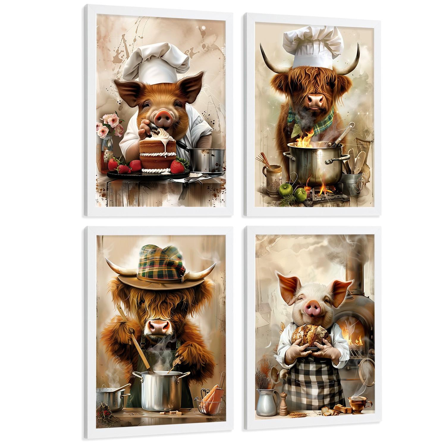 POSTER 4er Set Tier Koch Wandbilder Schwein Bäcker und Highland-Rind Köchin Illustration Küche Wanddeko Weißer Rahmen A3 - Weiß, Papier (29.7/1/42cm) - Nacnic