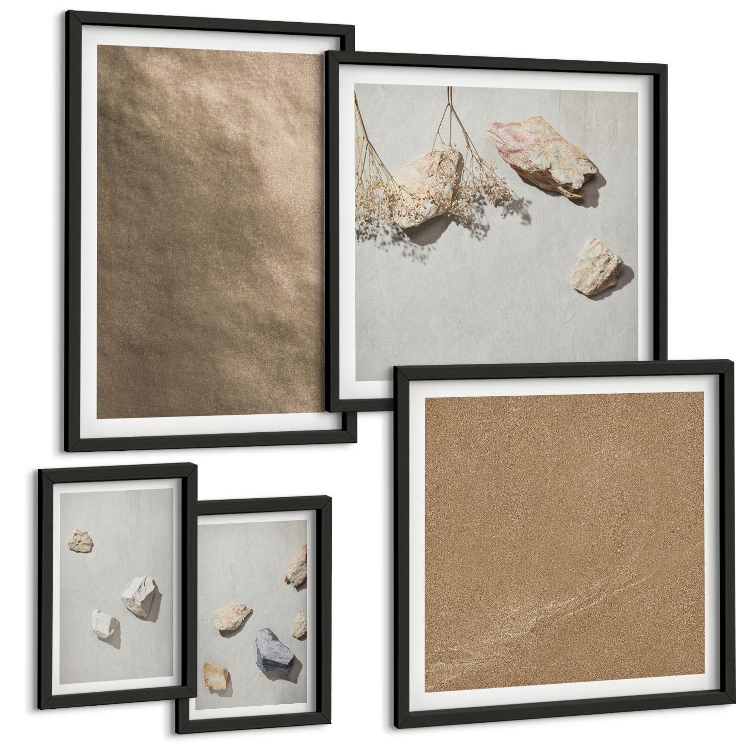 BILDER SET 5er Set - 50x50 cm & 20x30 cm & 40x60 cm Schwarzer Rahmen - Strandsteine natürliche Strukturen - Schwarz, Kunststoff (40/60cm) - TULUP