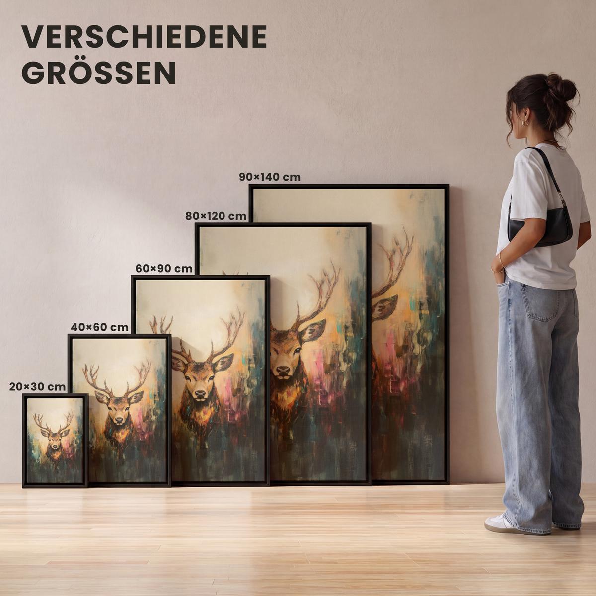 LEINWAND Bilder mit Rahmen - Hirsch - Gemalt - Geweih - Braun - 80x120 - Haselnussfarben, Textil (80/120cm) - MuchoWow