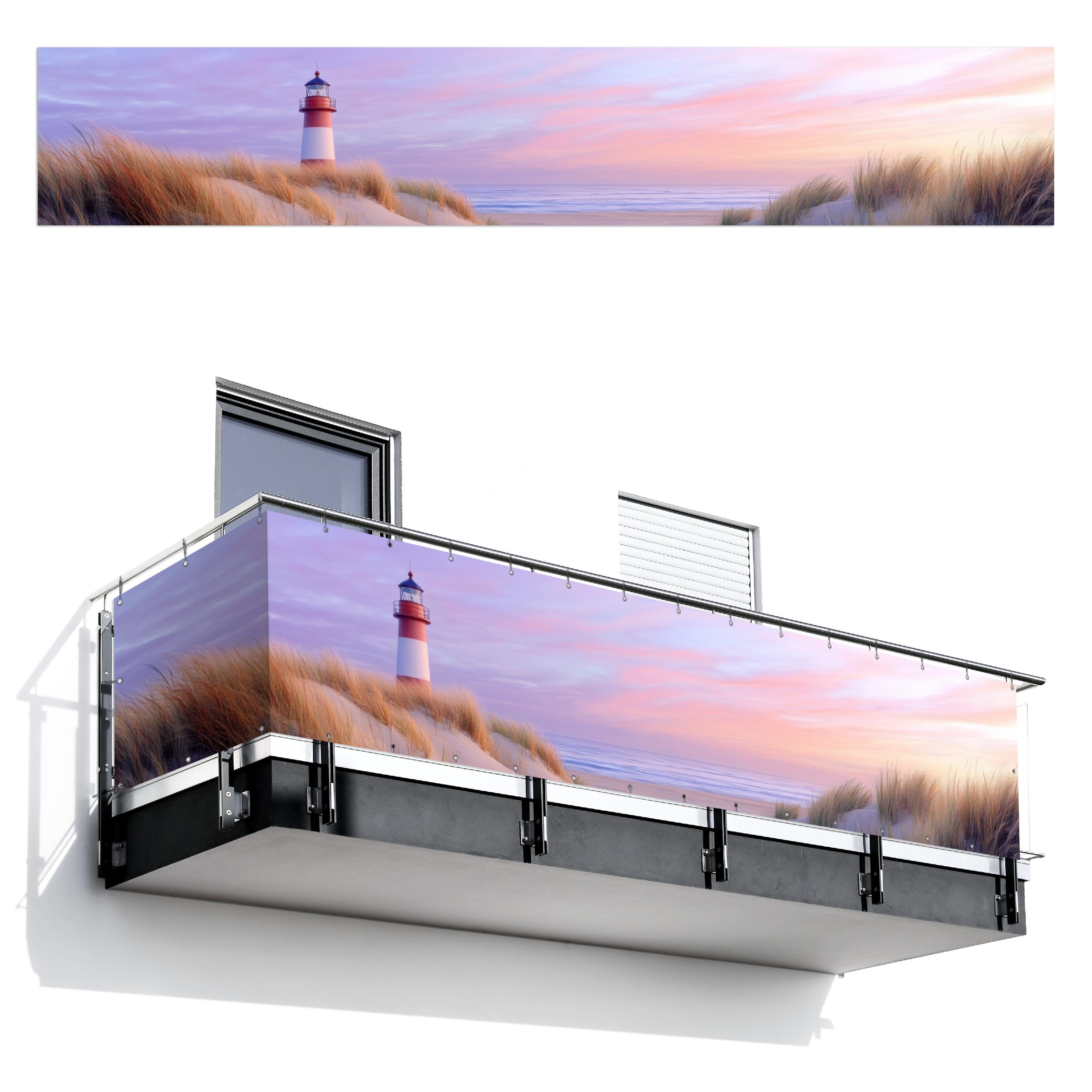 BALKON-SICHTSCHUTZ Leuchtturm - Dünen - Sonnenuntergang Groß 500x90 cm - Hellrosa, Kunststoff (500/90cm) - MuchoWow