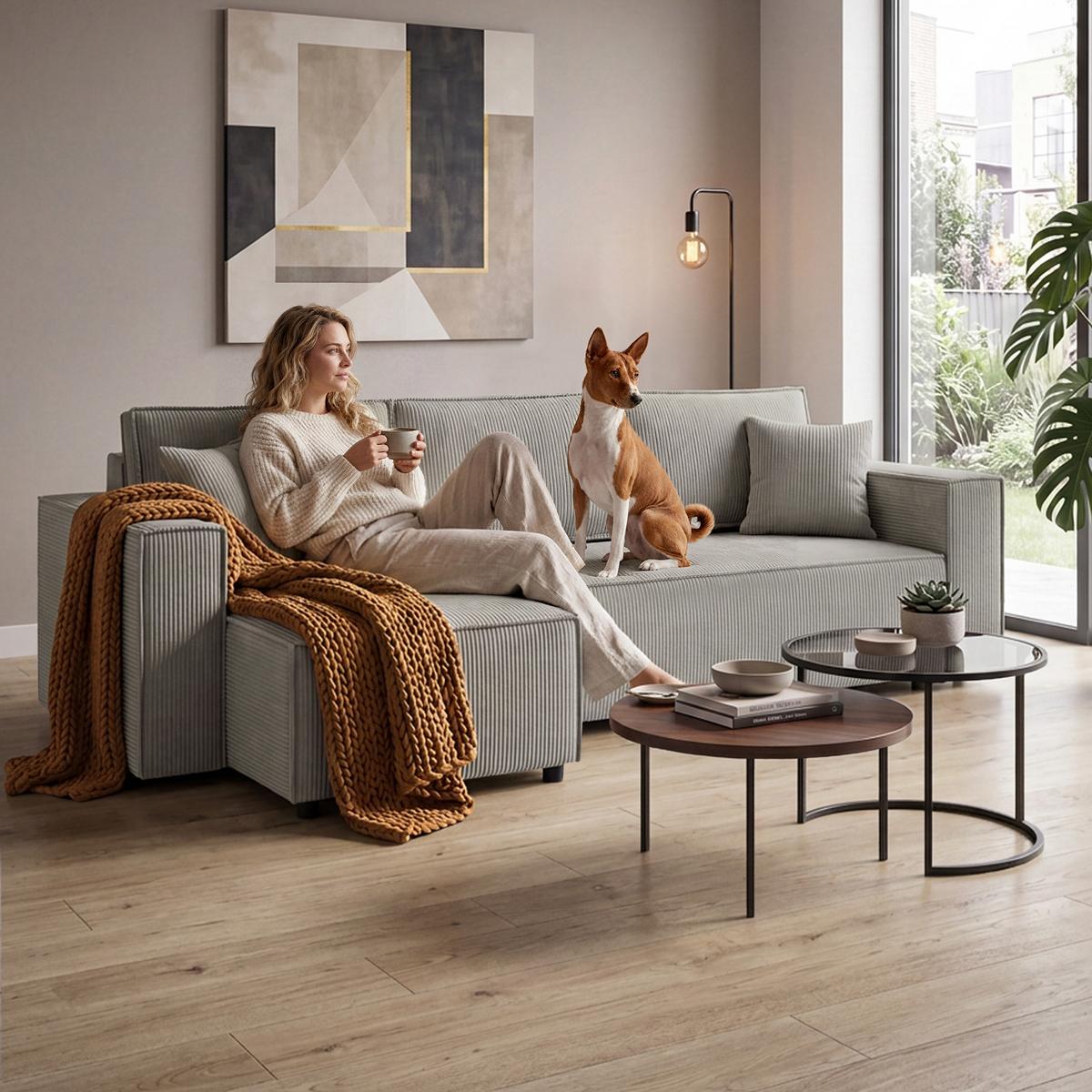 ECKSCHLAFSOFA Neapol mit Bettkasten, 255 cm, Cord-Stoff, Cappuccino - Schwarz/Cappuccino, Textil (256/148cm) - Beautysofa