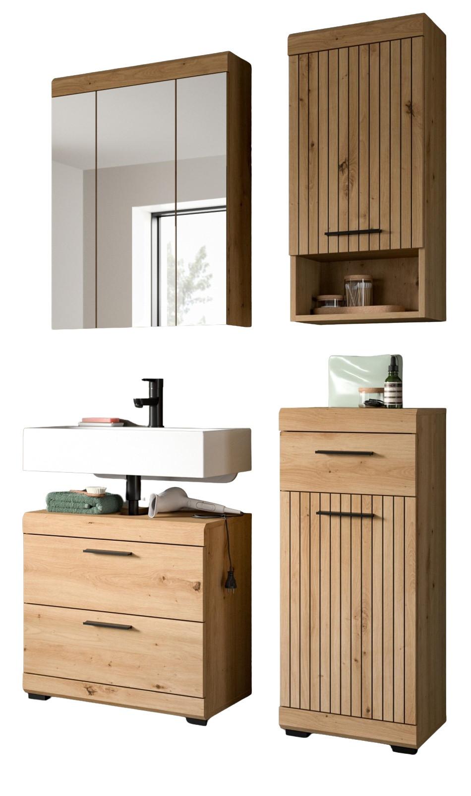 BADMÖBEL-SET Eiche Artisan 112 x 191 cm 4-teilig, Badkombination modernes Design - Schwarz/Eiche Artisan, Glas/Holzwerkstoff (112/191/34cm) - Inn.Furn