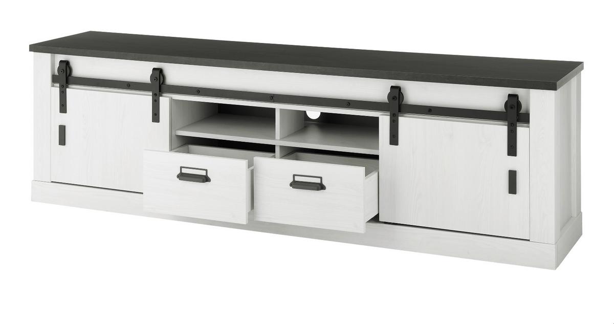 TV-LOWBOARD weiß Pinie, anthrazit, Landhaus, TV Unterteil Komforthöhe 201 x 61 cm - Anthrazit/Weiß, Holzwerkstoff/Metall (201/61/43cm) - Furn.Design