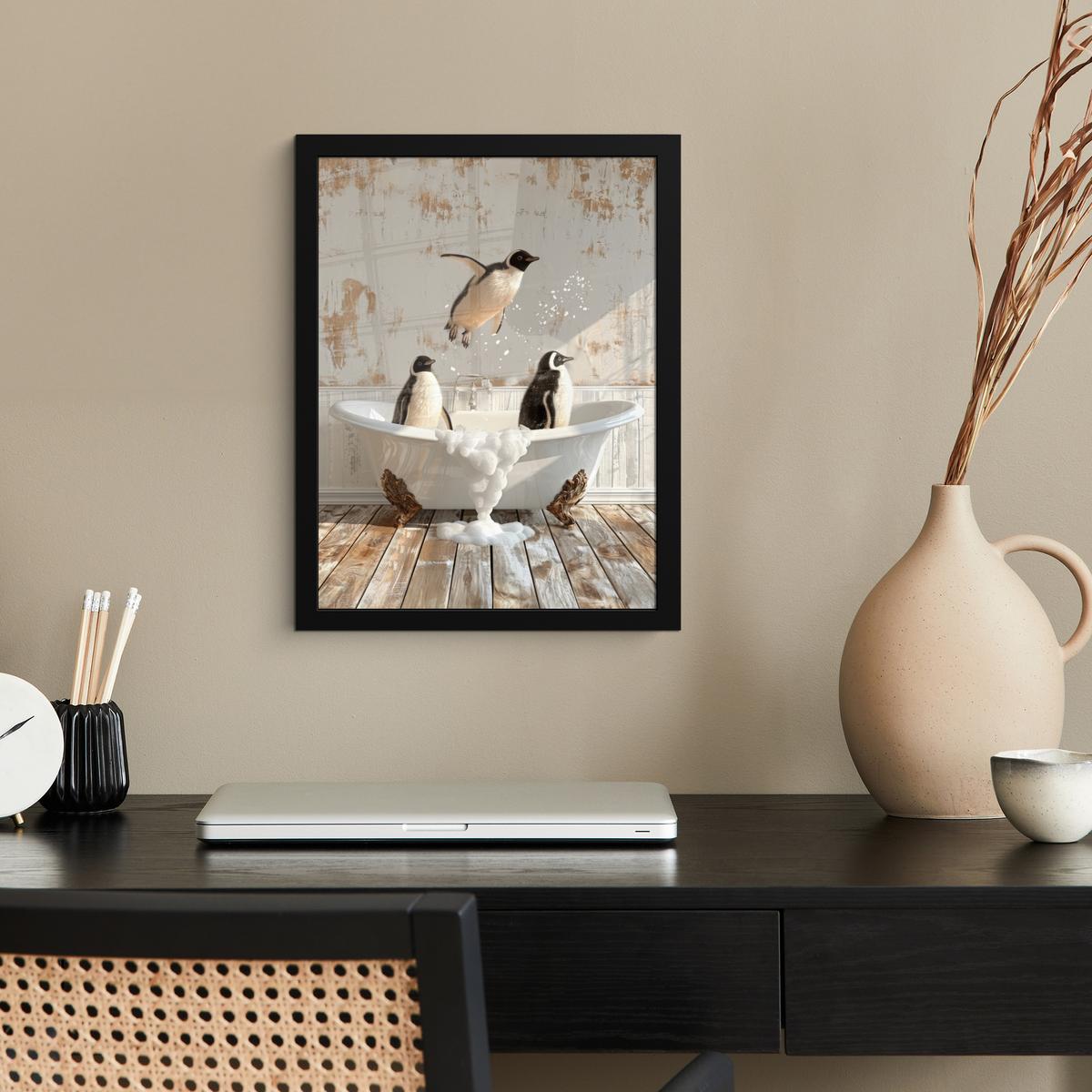 POSTER MIT RAHMEN Vintage - Pinguin - Badewanne - Schaumstoff Bilderrahmen 30x40 cm - Schwarz, Papier (30/40cm) - MuchoWow