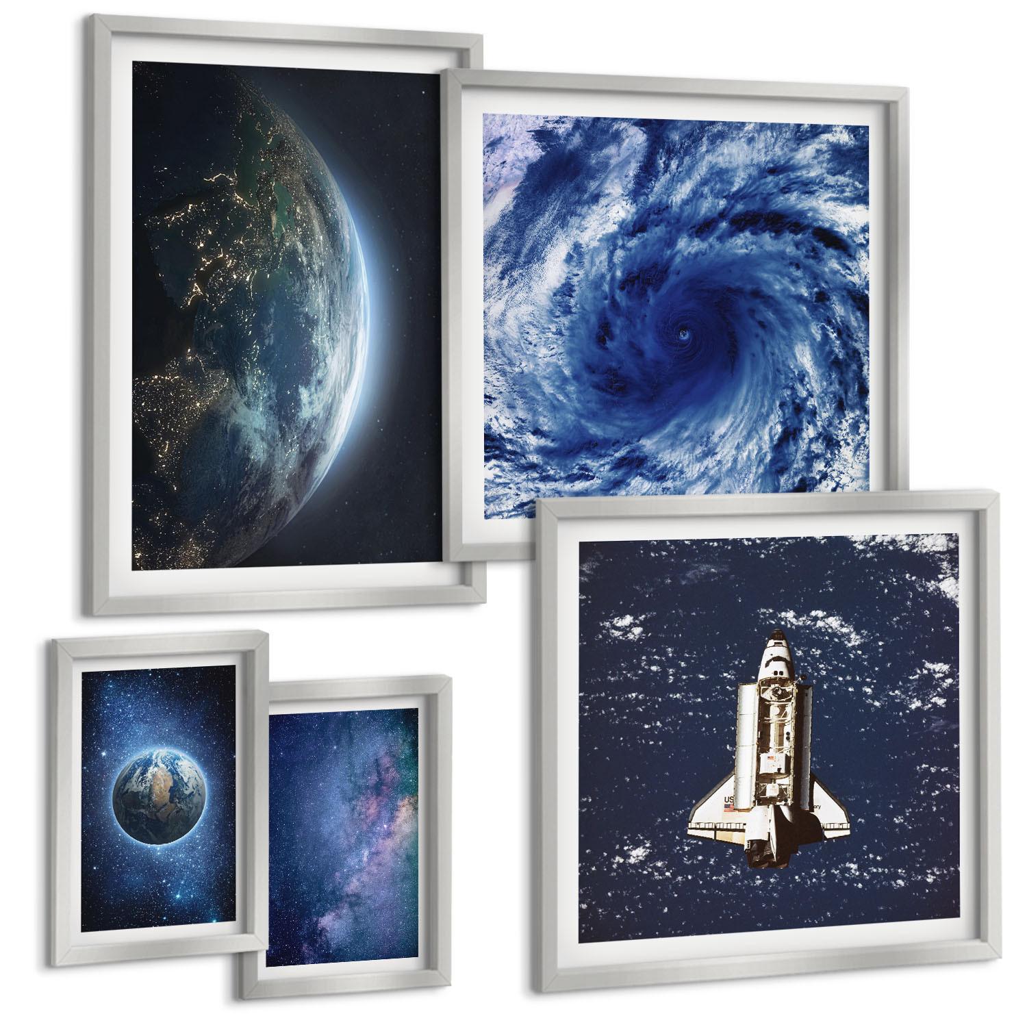BILDER SET 5er Set - 50x50 cm & 20x30 cm & 40x60 cm Silberner Rahmen - Erde Weltraumsturm Galaxie - Silberfarben, Kunststoff (40/60cm) - TULUP