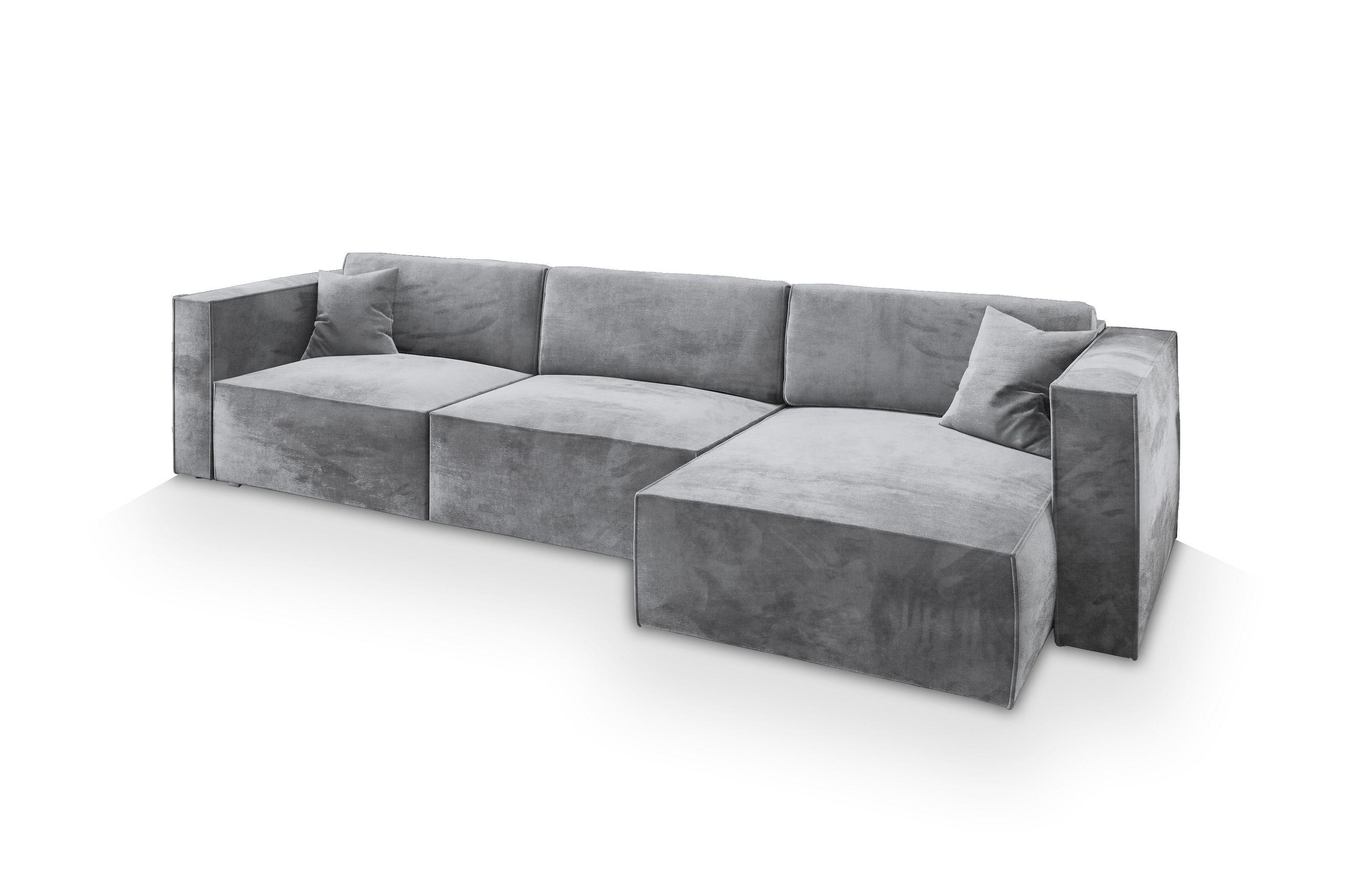 ECKSOFA TOLMO M Hellgrau Velours-Stoff mit Schlaffunktion - Hellgrau/Grau, Holz/Kunststoff (347/148cm) - MASSENO