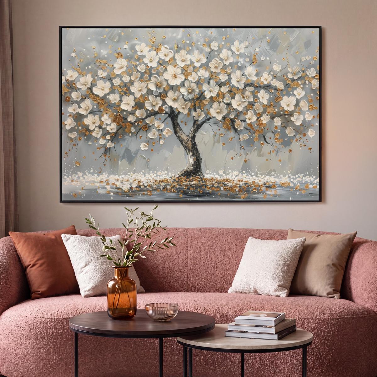 LEINWAND Bilder mit Rahmen - Baum - Blumen - Weiß - Natur - Kunst - 140x90 - Weiß, Textil (140/90cm) - MuchoWow