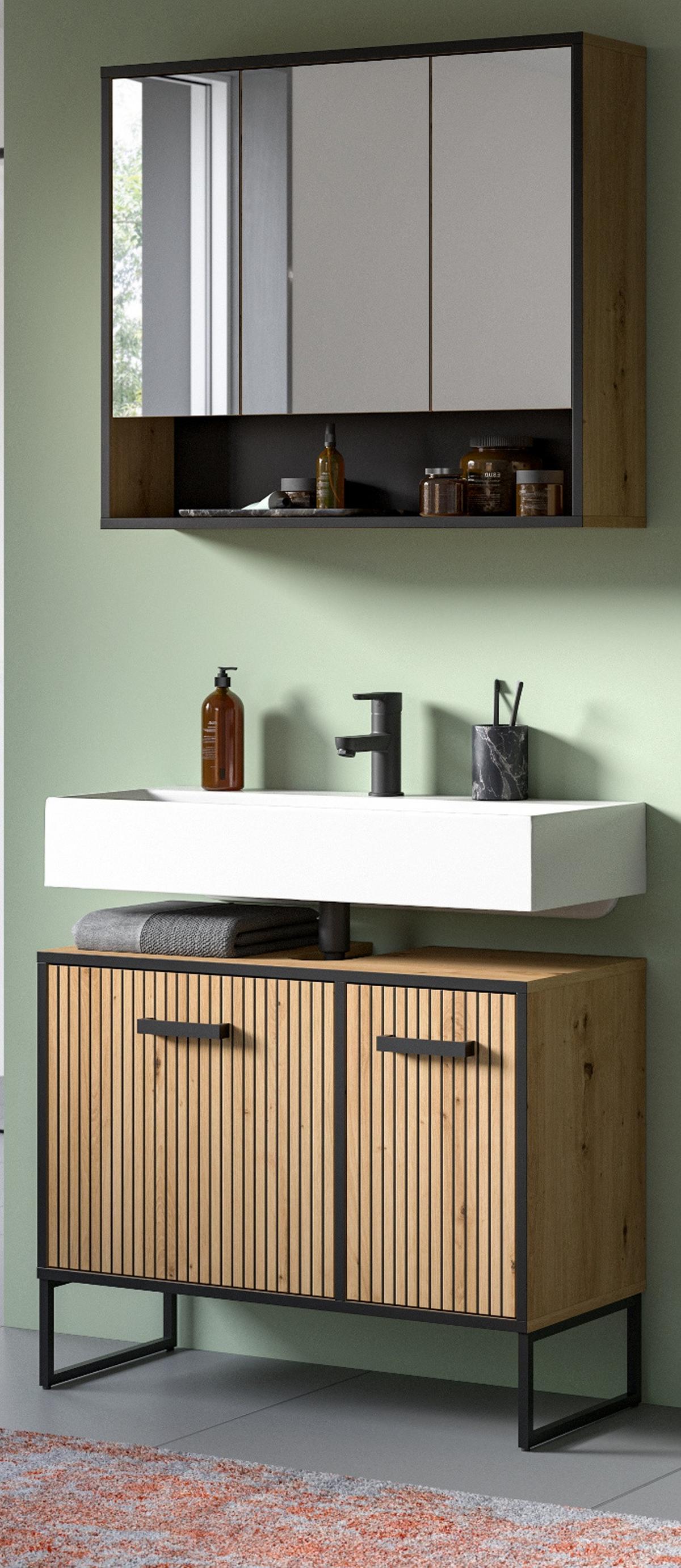 BADMÖBEL-SET 2-teilig Eiche Artisan, schwarz 80 cm, Badkombination mit Soft-Close - Schwarz/Eiche Artisan, Glas/Holzwerkstoff (80/192/36cm) - Inn.Furn