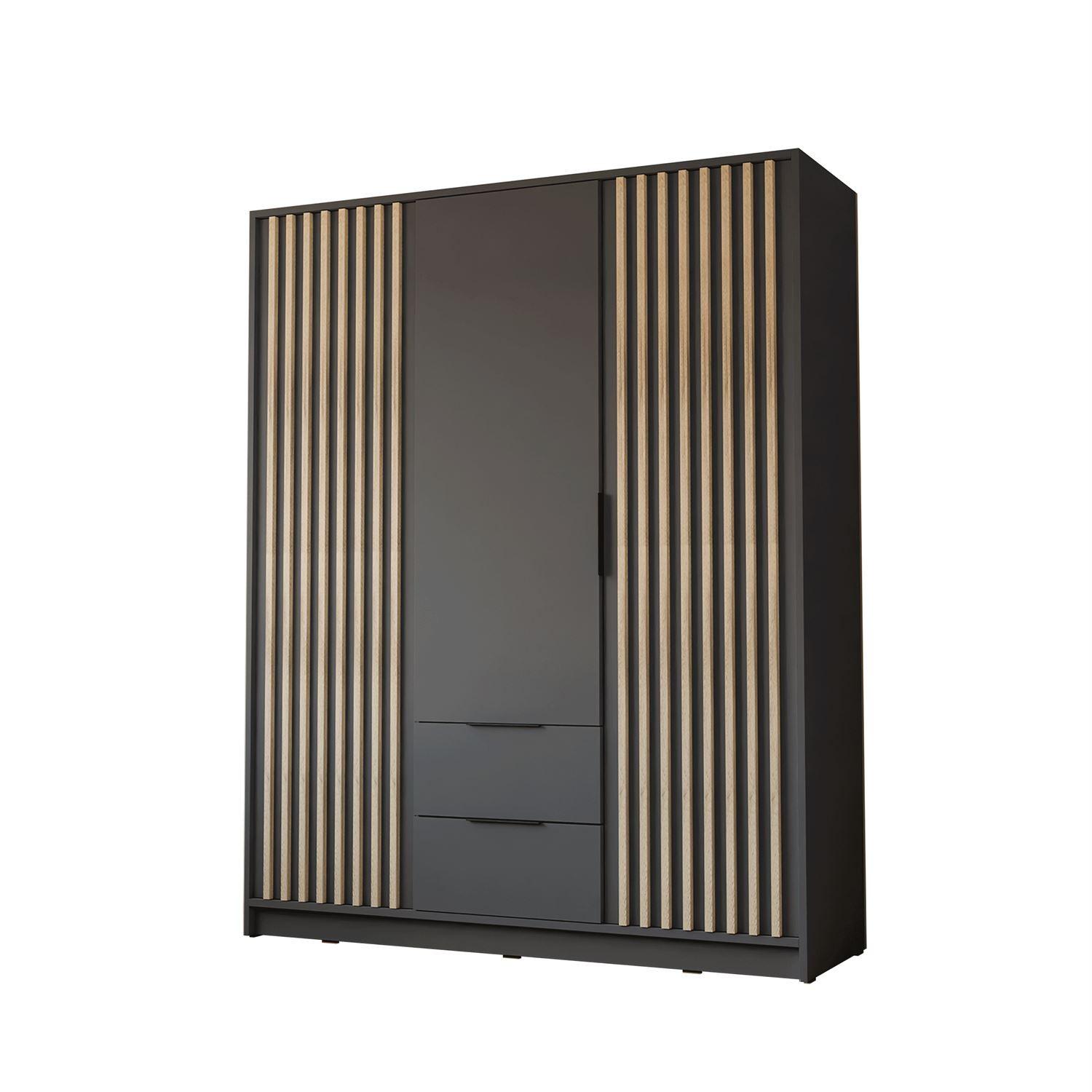 KLEIDERSCHRANK NELA, dreitürig mit Lamellen, 155 cm, Graphit/Artisan - Graphitfarben, Holzwerkstoff (155/200/51cm) - Lookway
