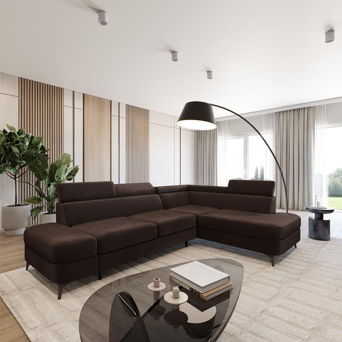 ECKSOFA AVISE M R-S Braun Velours-Stoff mit Schlaffunktion - Braun, Holzwerkstoff/Textil (268/195cm) - MASSENO
