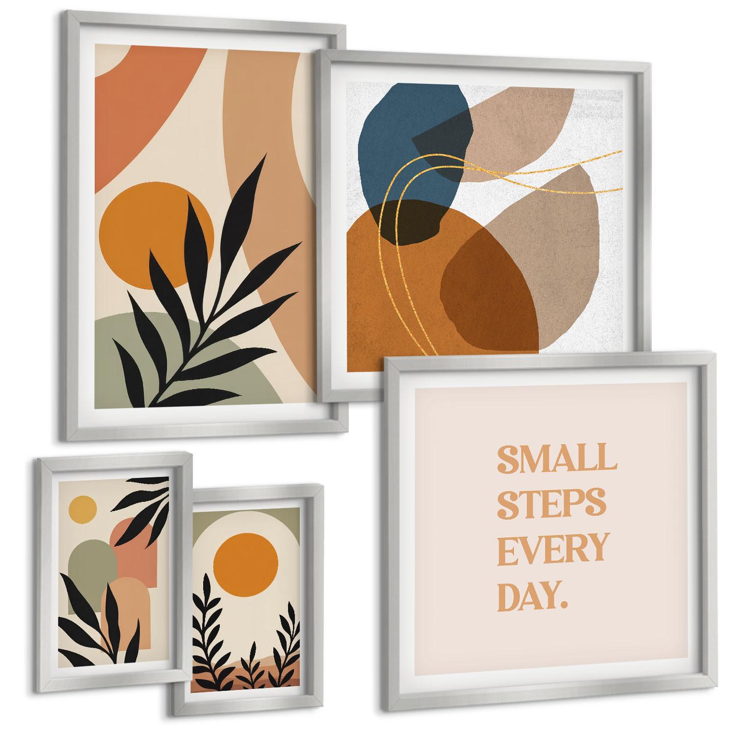 BILDER SET 5er Set - 50x50 cm & 20x30 cm & 40x60 cm Silberner Rahmen - Moderne Pflanzenmotive - Silberfarben, Kunststoff (40/60cm) - TULUP