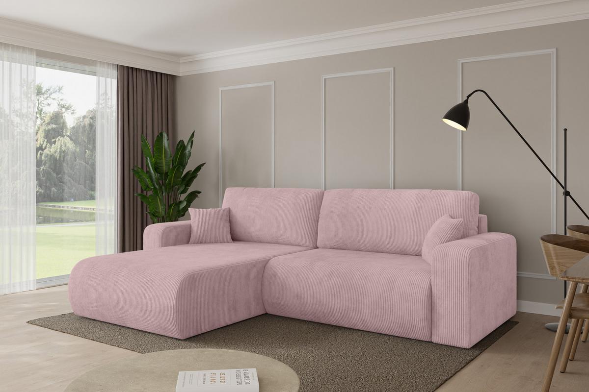 ECKSOFA mit Schlaffunktion Ottomane Links BERY-L 276x193x88 Rosa Cord - Schwarz/Rosa, Holzwerkstoff/Kunststoff (276/193cm) - ALTDECOR