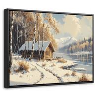 LEINWAND Bilder mit Rahmen - Winter - Schnee - Zuhause - Natur - 40x30 - Hellbraun, Textil (40/30cm) - MuchoWow