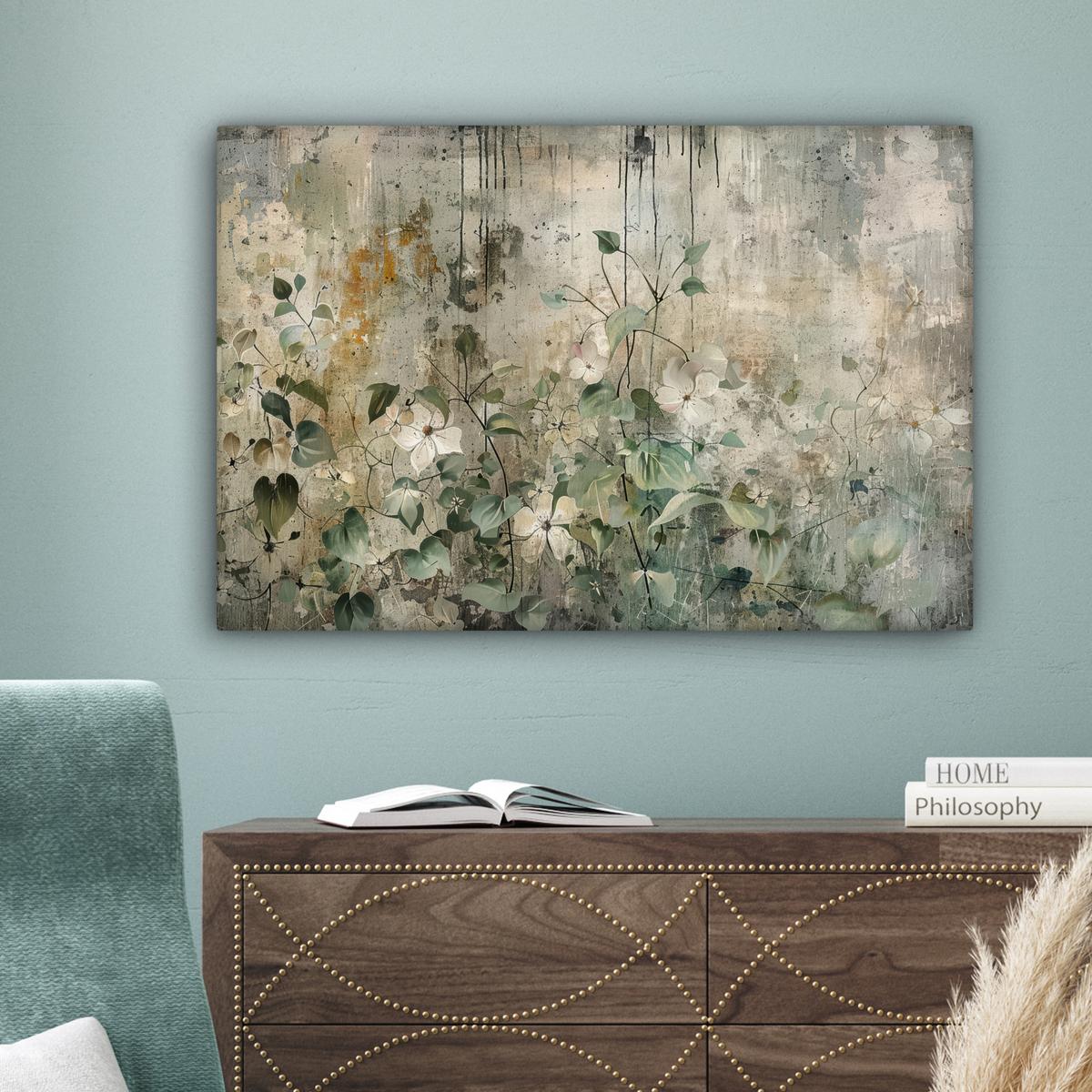 LEINWANDBILD Blumen - Blätter - Abstrakt - Modern Wanddeko 90x60 cm - Grau, Textil (90/60cm) - MuchoWow