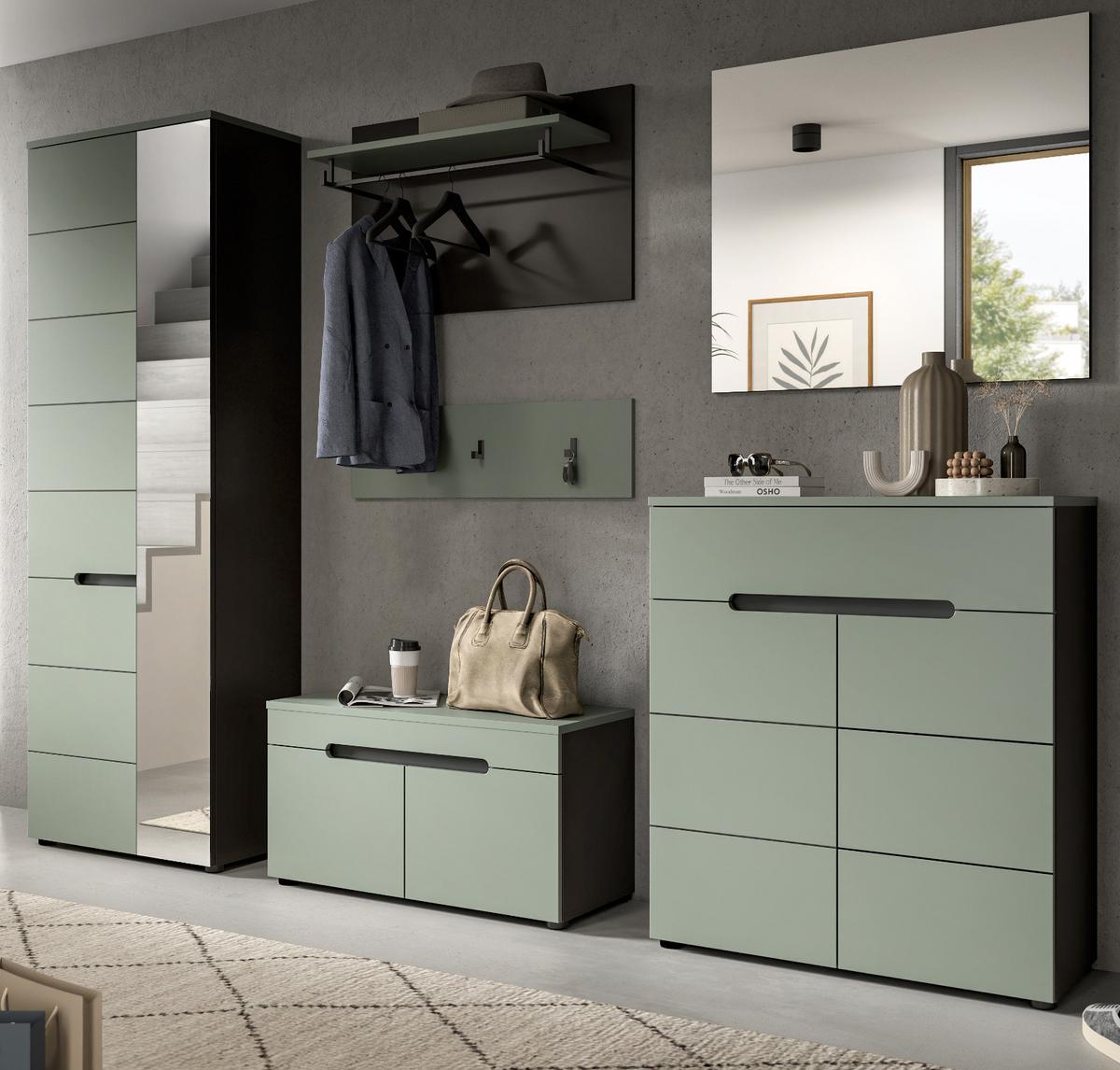 GARDEROBE SET 6-teilig Salbei Grün, Basalt Grau, Komplett-Set mit Soft-Close - Salbeigrün/Schwarz, Holzwerkstoff/Kunststoff (255/190/37cm) - Inn.Furn