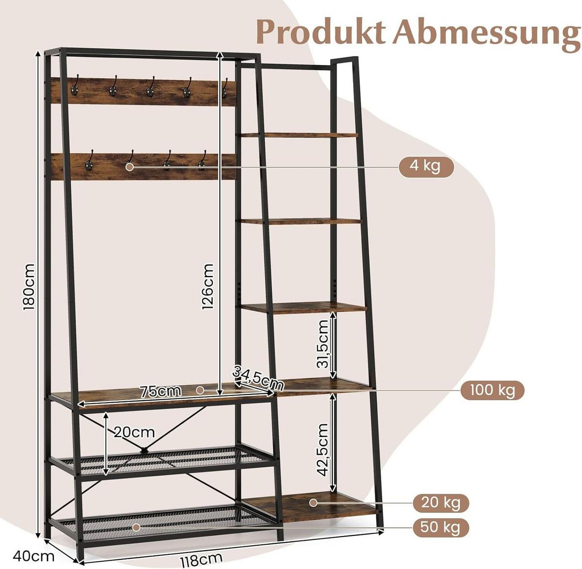 GARDEROBENSTÄNDER 180cm Schwarz - Schwarz, Holz (118/180/40cm) - COSTWAY