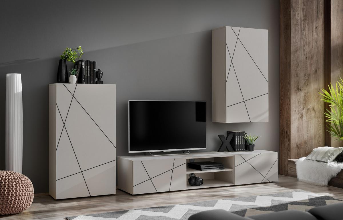 WOHNWAND Kaschmir, schwarz 260 cm, Schrankwand mit Streifendruck, Push-to-Open - Kaschmir/Schwarz, Holzwerkstoff/Kunststoff (260/180/45cm) - Furn.Design