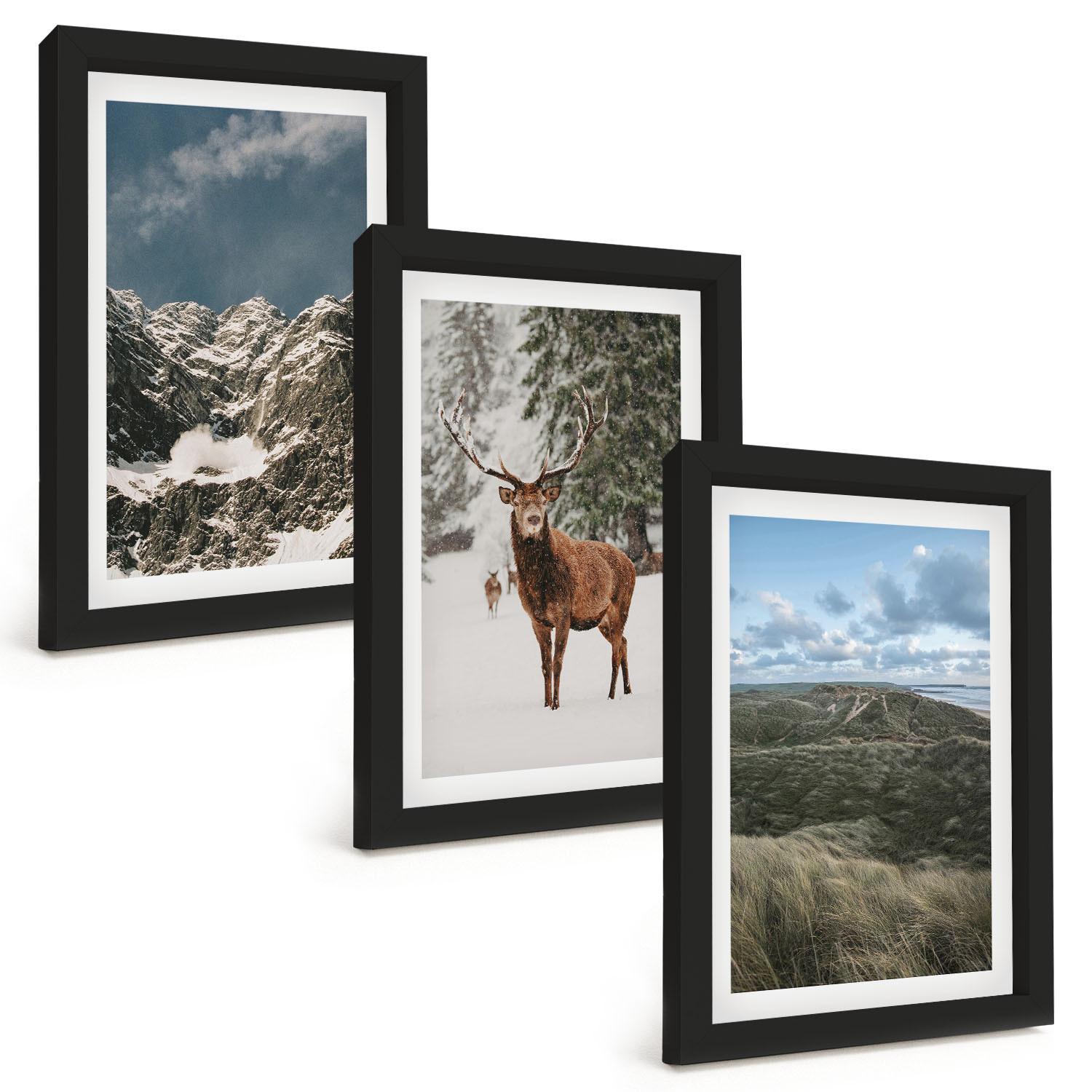 BILDER SET 3er Set - 20x30 cm Schwarzer Rahmen - Berge, Schnee, Hirsche, Waldlandschaft - Schwarz, Kunststoff (20/30cm) - TULUP
