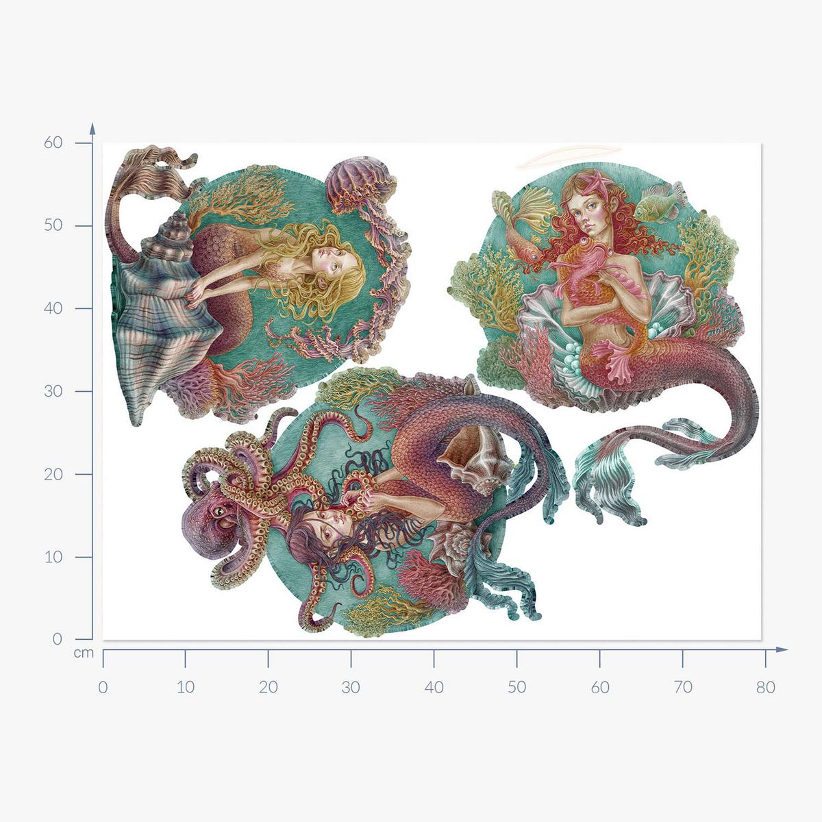 WANDAUFKLEBER 60x79cm - Die kleinen Meerjungfrauen - Multicolor, Kunststoff (60/79/0.1cm) - Wallfluent